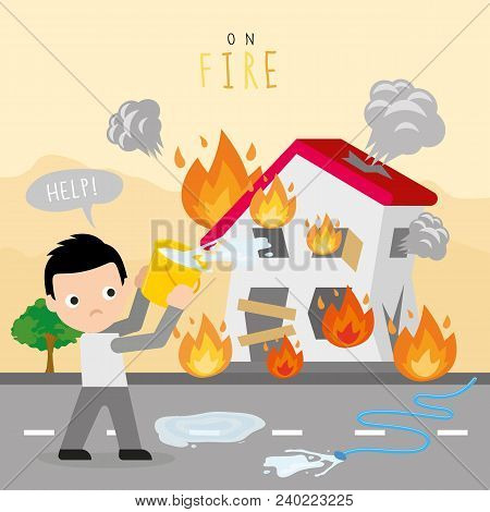 Fire Burn House Home Boy Danger Help Cartoon Character Vector ..