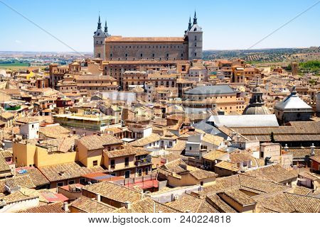 The spanish city of Toledo with an imposing view of the historic Alcazar building