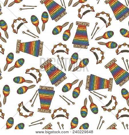 Musical Instrument. Color Maraca, Xylophone, Tambourine With Jingles Seamless Pattern On A White