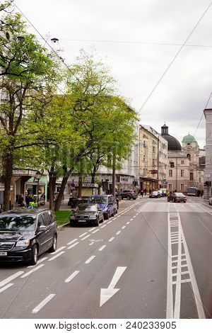 Salzburg, Austria - Circa Oct 2017: Street In Modern Part Of Salsburg. Carriageway, Buildings And Ca