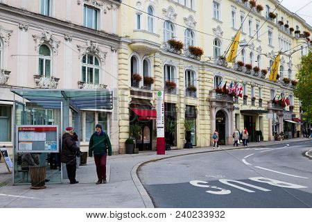 Salzburg, Austria - Circa Oct 2017: Street In Modern Part Of Salsburg. Bas Station And Carriageway, 