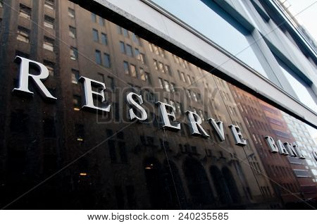 Sydney, Australia - May 5, 2018: Reserve Bank Of Australia Building Name On Black Stone Wall In The 