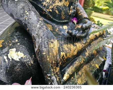 Close Up Of Mercy Buddha Hand Sculpture In Asian Temple