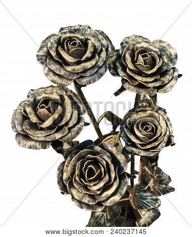 A Bouquet Of Handmade Roses That Are Forged From Metal. Isolated On A White Background