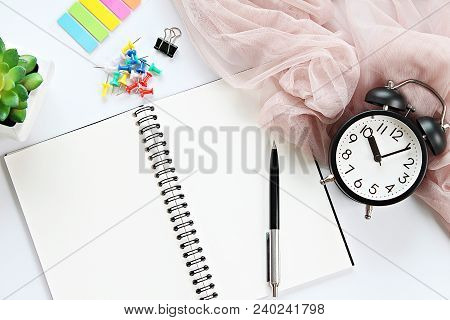 Still Life, Business, Office Supplies Or Education Concept : Open Notebook With Blank Pages, Pen And