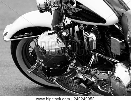 Southend, England - 17 April 2017: A Shiny Harley Davidson Motorcycle With Reflection In Polished He
