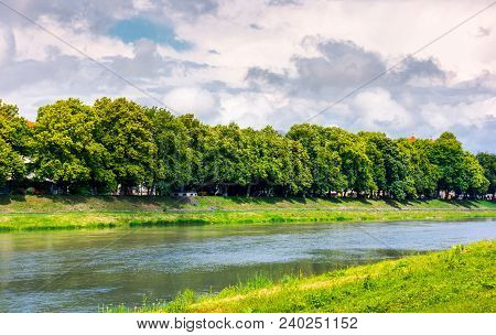 Linden Alley On The Bank Of The River Uzh. Beautiful Urban Summer Landscape. Popular Location Of Old