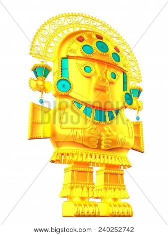 Idol Of Inca Culture, Gold Native Statuette. 3d Illustration