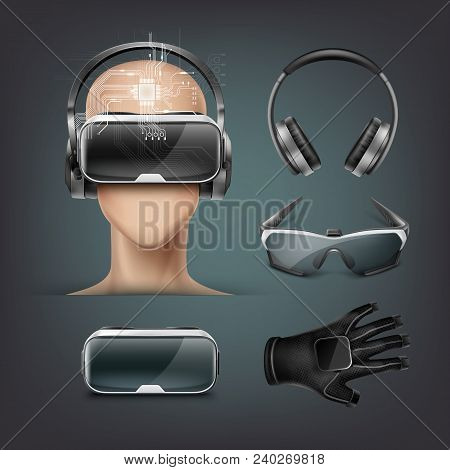 Vector Set Of Virtual Reality Gadgets Different Optical Head-mounted Displays Or Smart Glasses, Wire