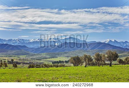 Morocco, High Atlas Landscape. Valley Near Marrakech On The Road To Ouarzazate.spingtime, Sunny Day.