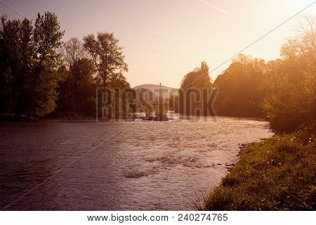 Landscape Of Vrbas River In Banja Luka In Bosnia And Herzegovina At Sunrise.