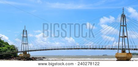 Bridge To The Island With A Buddhist Temple, Matara, Sri Lanka. Wide Photo.