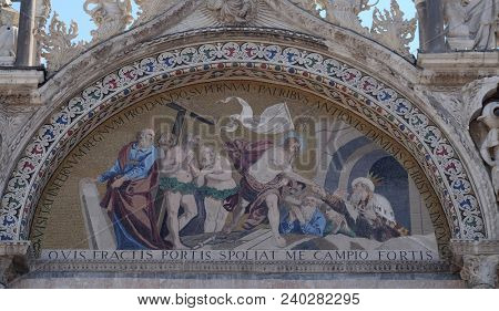 VENICE, ITALY - MAY 28 : Descent into Limbo, mosaic from upper facade of the Basilica San Marco, St. Mark's Square, Venice, Italy, UNESCO World Heritage Sites on May 28, 2017.