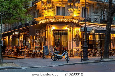 Paris, France-02 May 2018 : The French Traditional Cafe Au Cepage Montmartrois Located In Montmartre