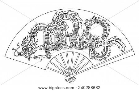 Chinese fan with decorative gragon isolated on white. Linear drawing for coloring book