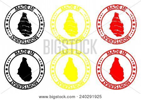 Made In Montserrat - Rubber Stamp - Vector, Montserrat Map Pattern - Black, Yellow And Red