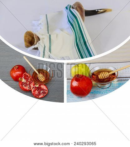 Jewish Holiday Rosh Hashana With Shofar, Pomegranates And Tallit Honey And Apples.
