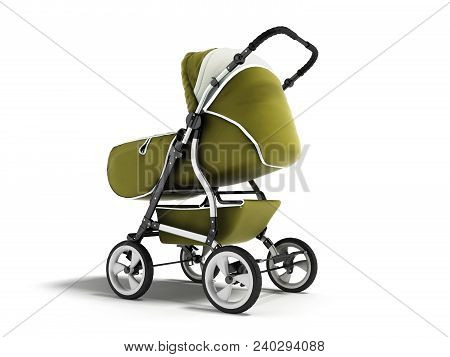 Modern Baby Carriage With Dome Against Rain And Wind Green 3d Render On White Background With Shadow