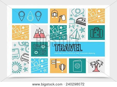 Travel Infographic Template With Navigation Pin Key Luggage Camera Tram Train Boat Airplane Mountain