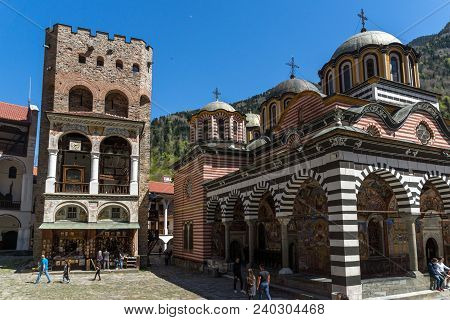 Rila Monastery, Bulgaria - April 21, 2018: Tourists Visiting Monastery Of Saint Ivan (john) Of Rila 