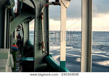 View From Ship Or Vessel Deck To Open Sea - Heavy Duty Work At Sea.