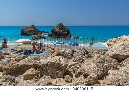 Megali Petra Beach, Lefkada, Greece - July 16, 2014: Panoramic View Of Blue Waters Of Megali Petra B