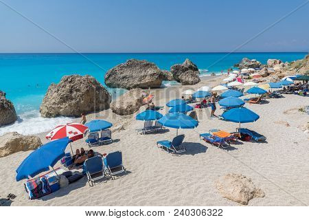 Megali Petra Beach, Lefkada, Greece - July 16, 2014: Panoramic View Of Blue Waters Of Megali Petra B
