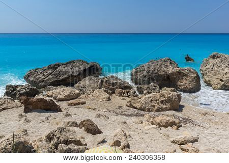 Megali Petra Beach, Lefkada, Greece - July 16, 2014: Panoramic View Of Blue Waters Of Megali Petra B