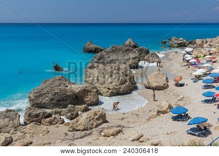 Megali Petra Beach, Lefkada, Greece - July 16, 2014: Panoramic View Of Blue Waters Of Megali Petra B