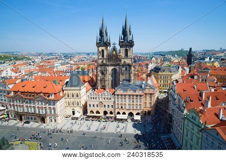 Prague, Czech Republic - April 21, 2018: View Of The Church Of The Virgin Mary In Front Of Tynem In 