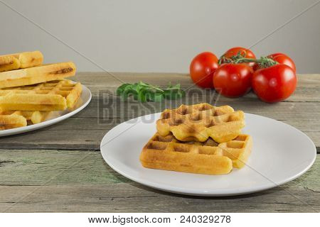 Waffles With Vegetables On A Wooden Frie Close Up, Breakfast