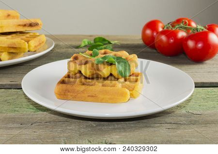 Waffles With Vegetables On A Wooden Frie Close Up, Breakfast