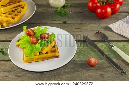 Waffles With Vegetables On A Wooden Frie Close Up, Breakfast