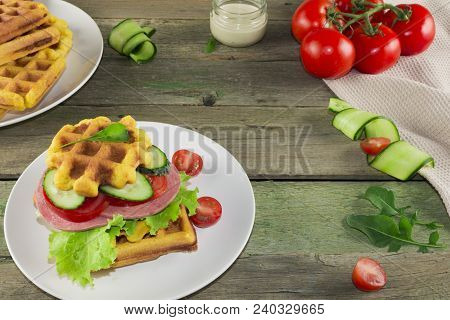 Waffles With Vegetables On A Wooden Frie Close Up, Breakfast