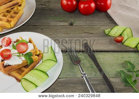 Waffles With Vegetables On A Wooden Frie Close Up, Breakfast