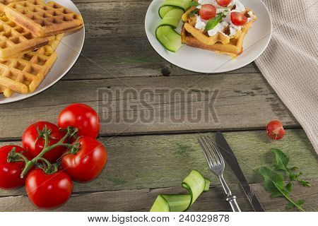 Waffles With Vegetables On A Wooden Frie Close Up, Breakfast