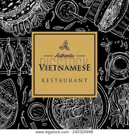 Hand Drawn Top View Traditional Vietnamese Food, Vector Illustration