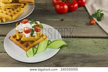 Waffles With Vegetables On A Wooden Frie Close Up, Breakfast