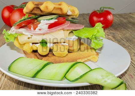Waffles With Vegetables On A Wooden Frie Close Up, Breakfast