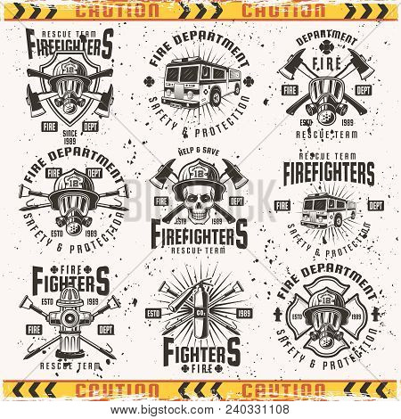 Fire Department Set Of Vector Emblems, Labels, Badges And Logos In Vintage Style Isolated On Backgro