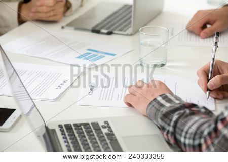 Businessman Signing Two-sided Indenture Business Contract Concept, Entrepreneur Puts Written Signatu
