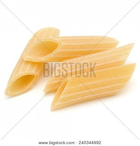 Italian pasta isolated on white background. Pennoni. Penne rigate.