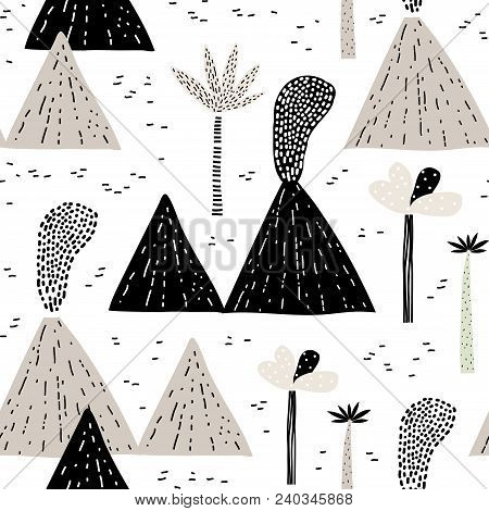 Mountain Landscape. Childish Seamless Pattern With Mountain, Volcano And Tropical Plants. Vector Tex