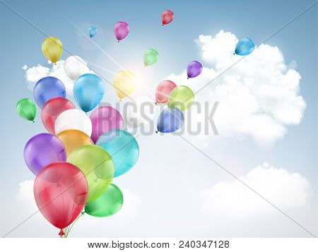 Multi-colored Balloons Flying In A Blue Sky Against A White Clouds. Stock Vector Illustration.