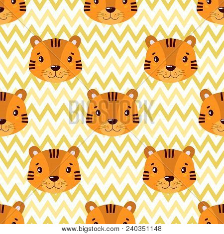 Seamless Vector Baby Pattern With Animals Tiger Face. Illustration