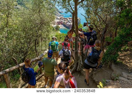 Vernazza, Italy - April 27: Torusit Taking Photos Of Vernazza From View Point, On April 27 2018 In V