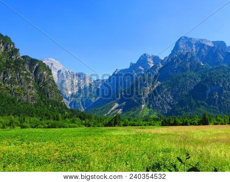 Grunau, Austria. Jun 15 2017: Open Meadow With Mountainous Background