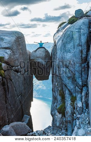 Woman On Kjeragbolten Travel In Norway Kjerag Mountains, Extreme Vacations, Adventure, Tourist, Happ