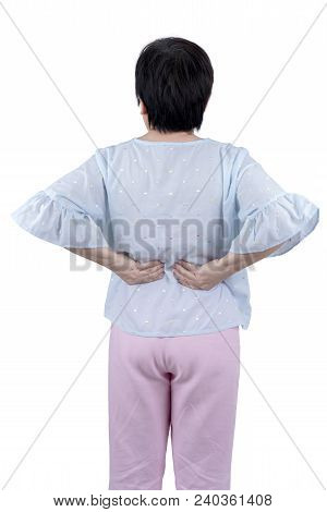 Asian Middle-aged Woman Suffering From Lower Back Pain Isolated On White Background