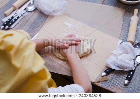 Master Class For Children On Baking Pie. Young Children Learn To Cook A Weet Pie. Kids Preparing Hom
